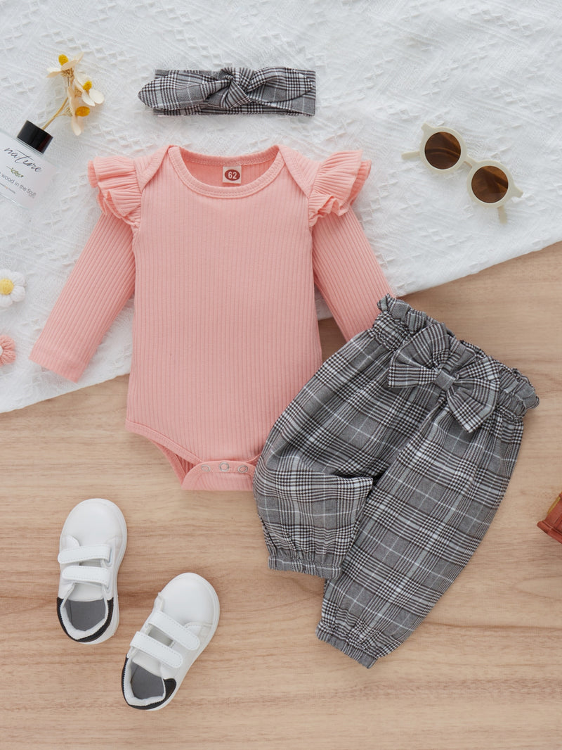 Bodysuit com Babado e Calça de Moletom com Cintura de Saco de Papel e Estampa Xadrez com Faixa de Cabelo, Para o Natal - Menina Bebê