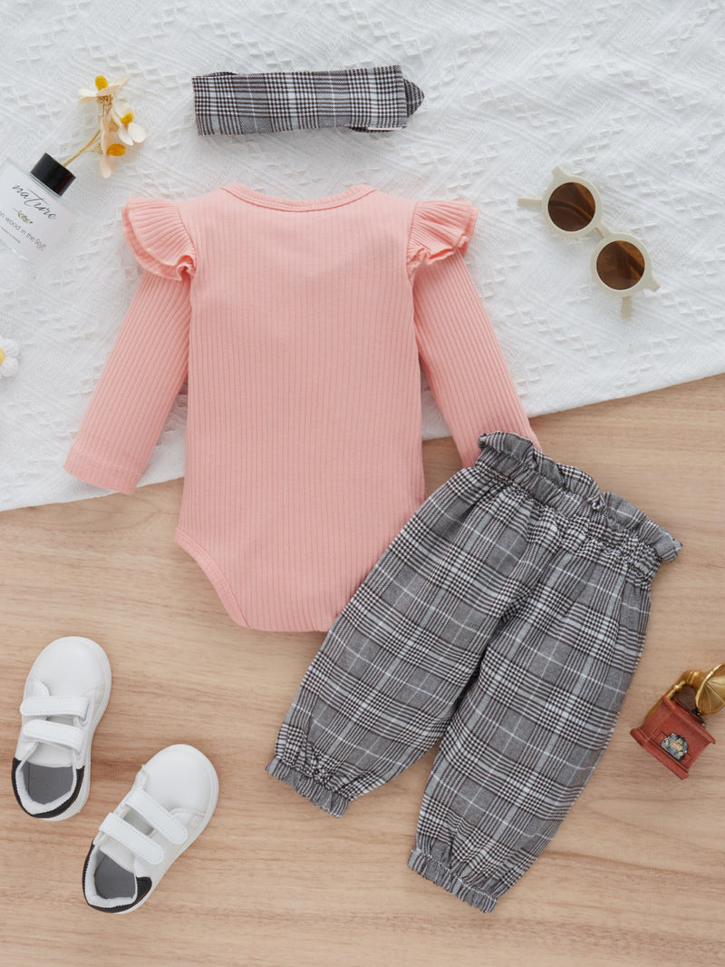 Bodysuit com Babado e Calça de Moletom com Cintura de Saco de Papel e Estampa Xadrez com Faixa de Cabelo, Para o Natal - Menina Bebê
