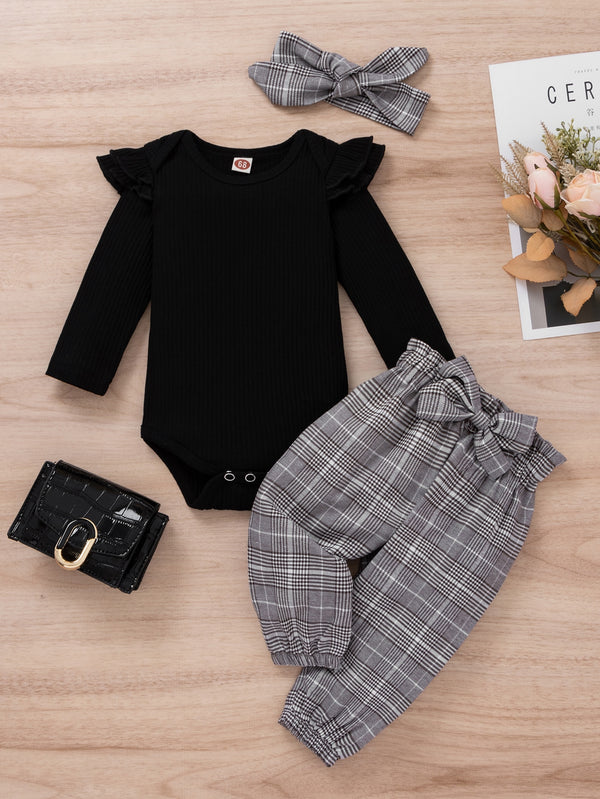 Bodysuit com Babado e Calça de Moletom com Cintura de Saco de Papel e Estampa Xadrez com Faixa de Cabelo, Para o Natal - Menina Bebê