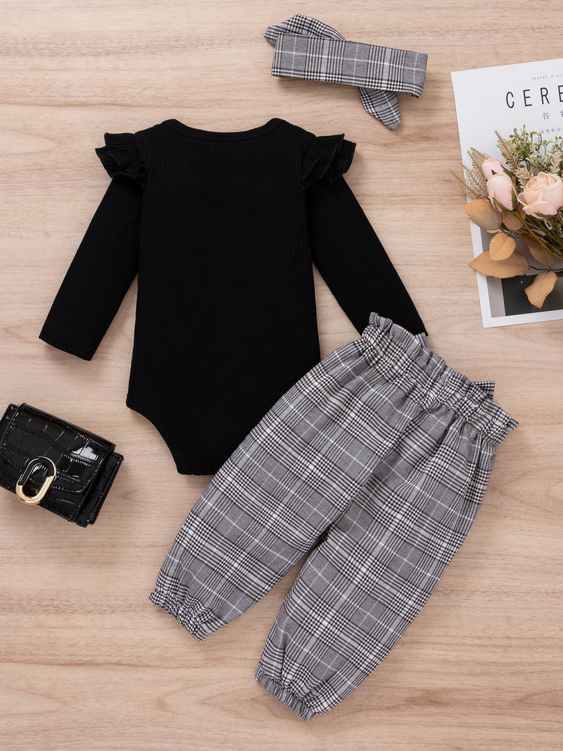 Bodysuit com Babado e Calça de Moletom com Cintura de Saco de Papel e Estampa Xadrez com Faixa de Cabelo, Para o Natal - Menina Bebê