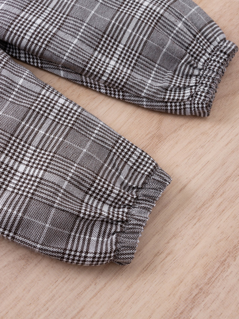 Bodysuit com Babado e Calça de Moletom com Cintura de Saco de Papel e Estampa Xadrez com Faixa de Cabelo, Para o Natal - Menina Bebê