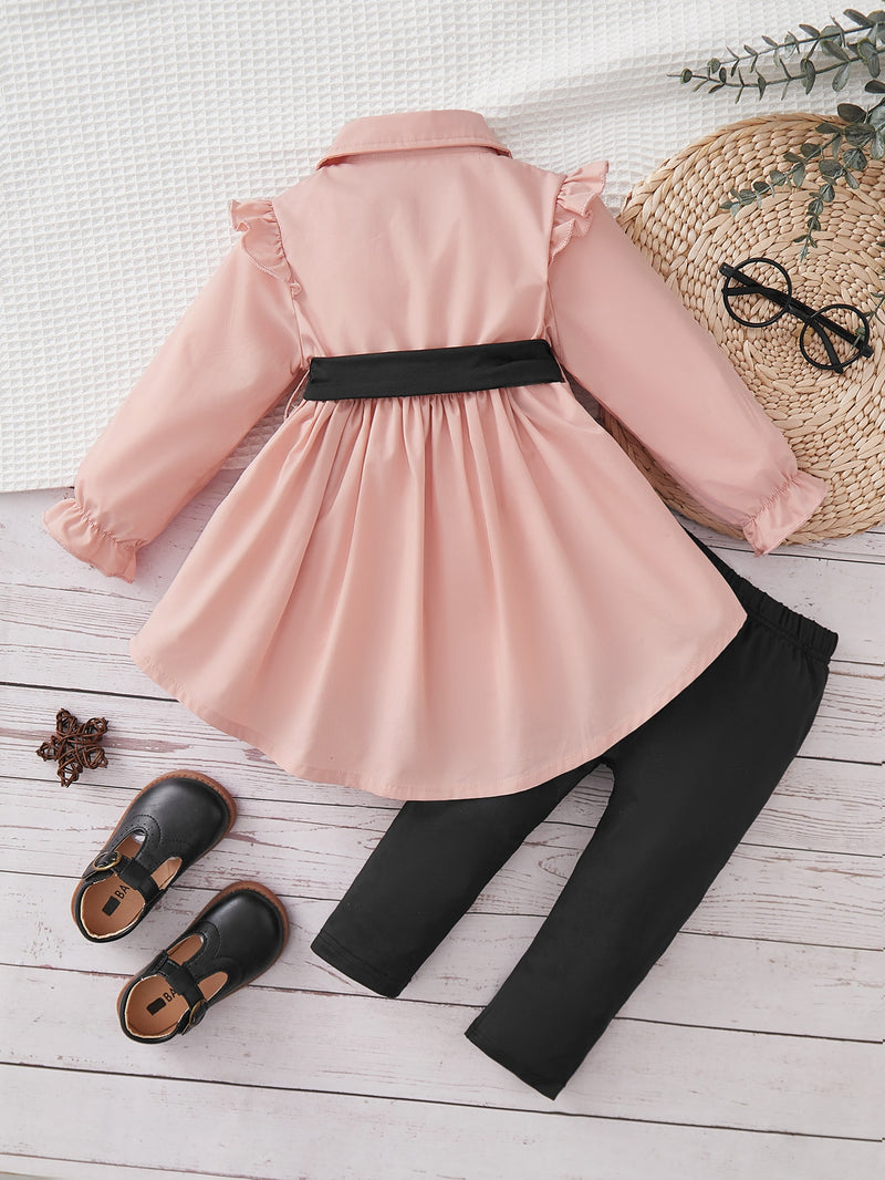 Blusa e Calça de Meia Estação para Bebê Menina com Babados na Bordadura da Manga e Meio Botão