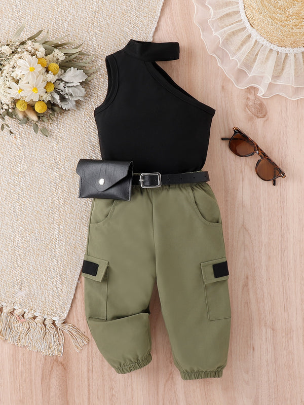T-shirt Halter Para Bebê Menina E Calça Cargo De Lado Com Bolso Aba Sem Cinto