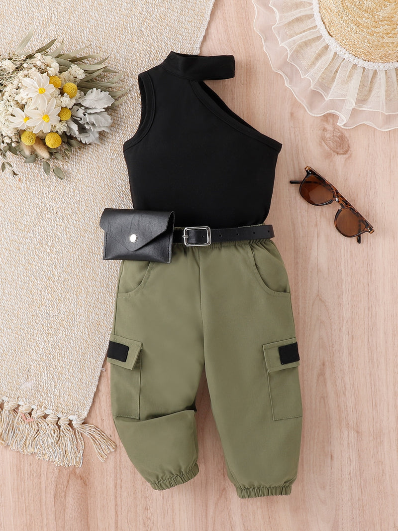 T-shirt Halter Para Bebê Menina E Calça Cargo De Lado Com Bolso Aba Sem Cinto