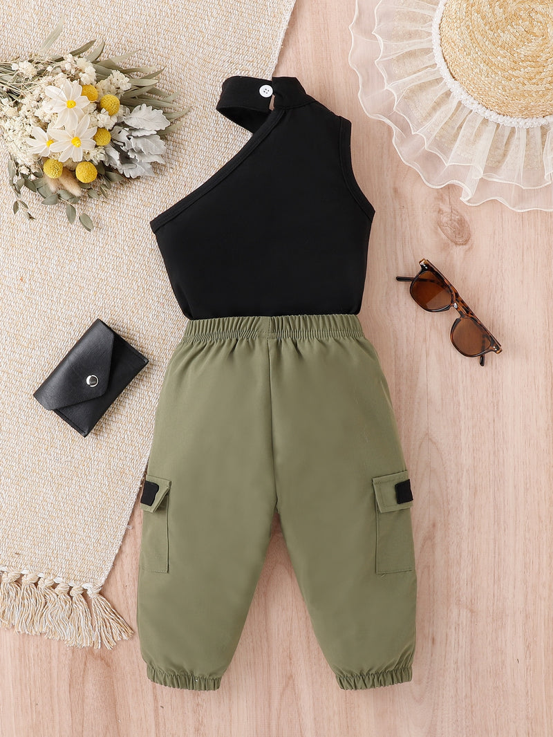T-shirt Halter Para Bebê Menina E Calça Cargo De Lado Com Bolso Aba Sem Cinto