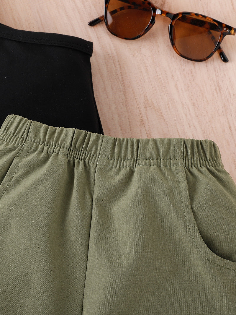 T-shirt Halter Para Bebê Menina E Calça Cargo De Lado Com Bolso Aba Sem Cinto