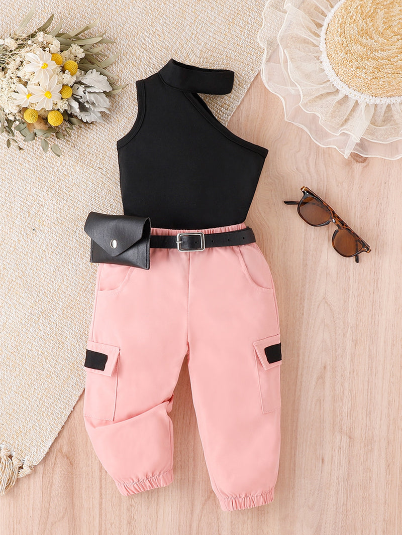 T-shirt Halter Para Bebê Menina E Calça Cargo De Lado Com Bolso Aba Sem Cinto