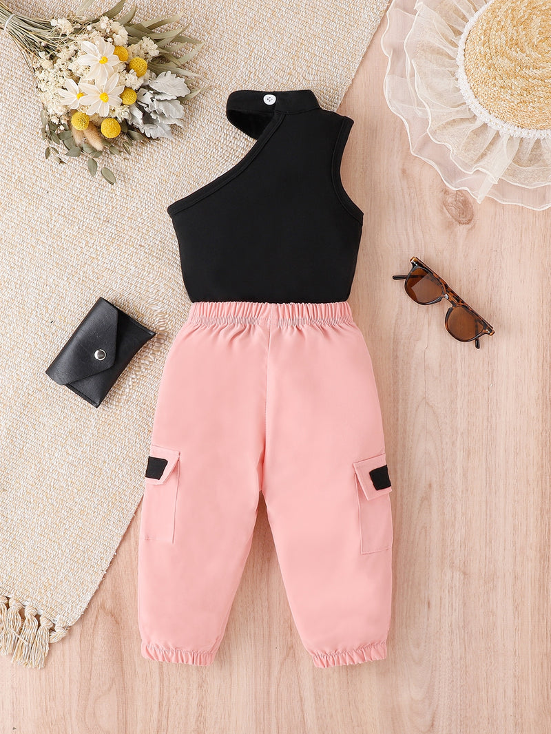 T-shirt Halter Para Bebê Menina E Calça Cargo De Lado Com Bolso Aba Sem Cinto