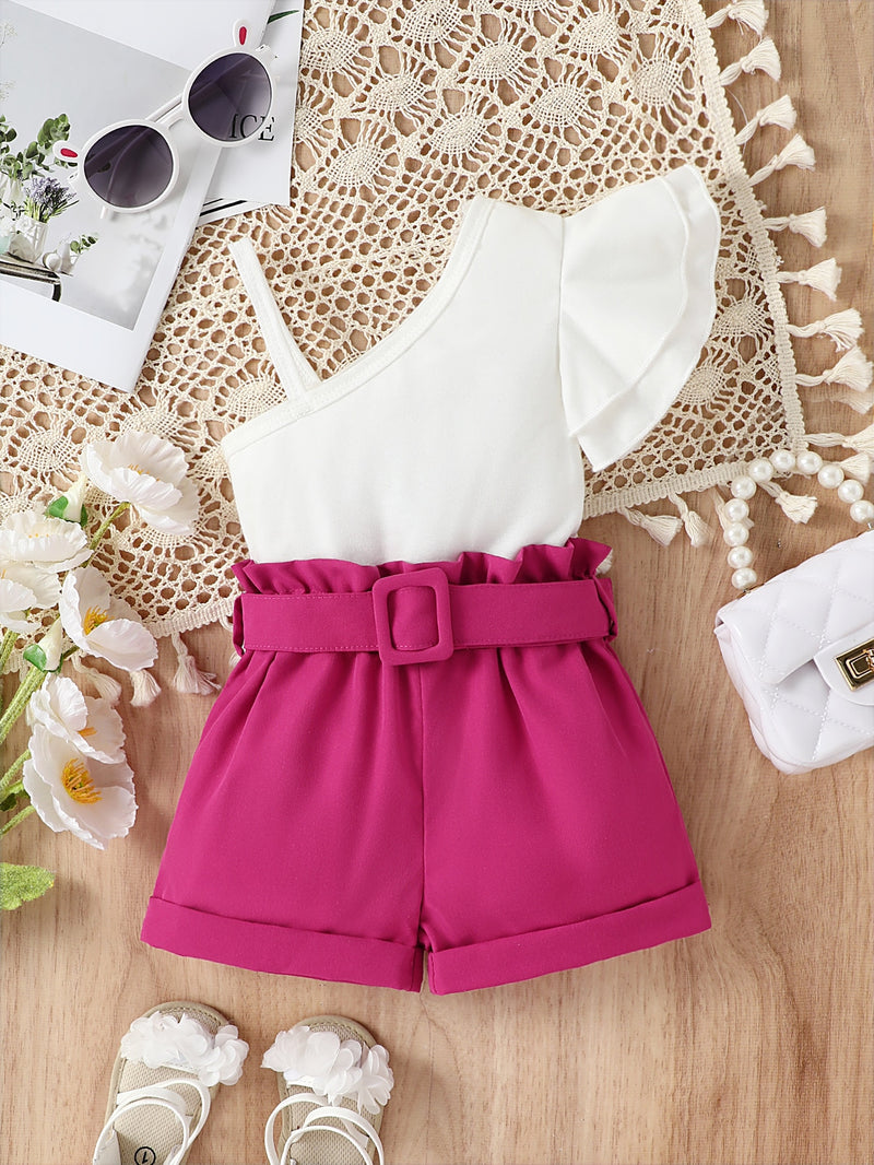 Conjunto de Top de um ombro só e shorts com cintura Paperbag para bebê menina