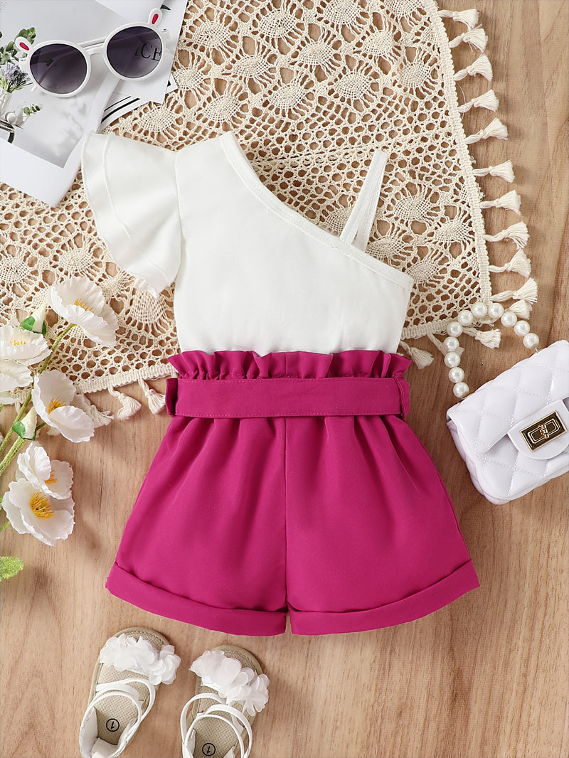 Conjunto de Top de um ombro só e shorts com cintura Paperbag para bebê menina