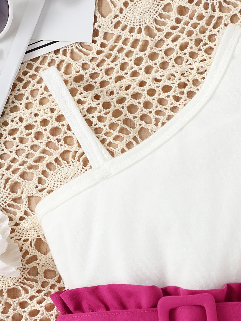 Conjunto de Top de um ombro só e shorts com cintura Paperbag para bebê menina