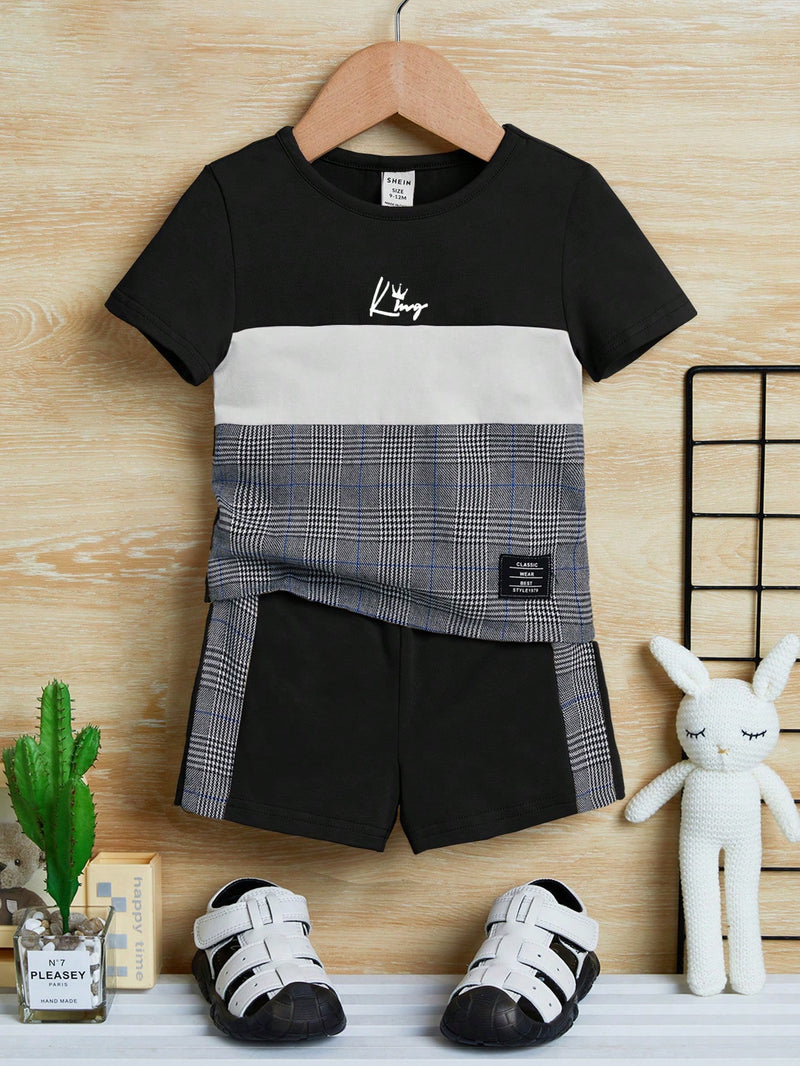 Conjunto de Camiseta e Shorts para Bebê Menino com Bloco de Cor de Xadrez e Gráfico de Letra, para o Natal