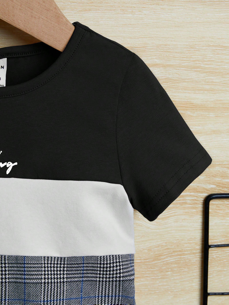 Conjunto de Camiseta e Shorts para Bebê Menino com Bloco de Cor de Xadrez e Gráfico de Letra, para o Natal