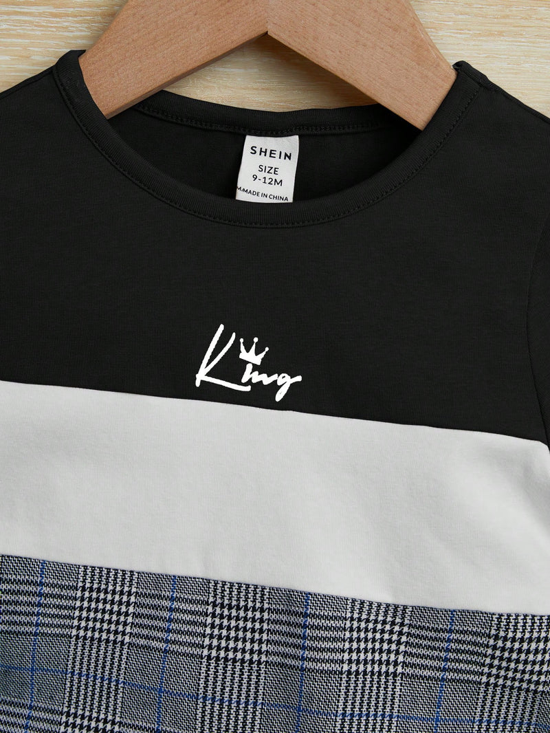 Conjunto de Camiseta e Shorts para Bebê Menino com Bloco de Cor de Xadrez e Gráfico de Letra, para o Natal