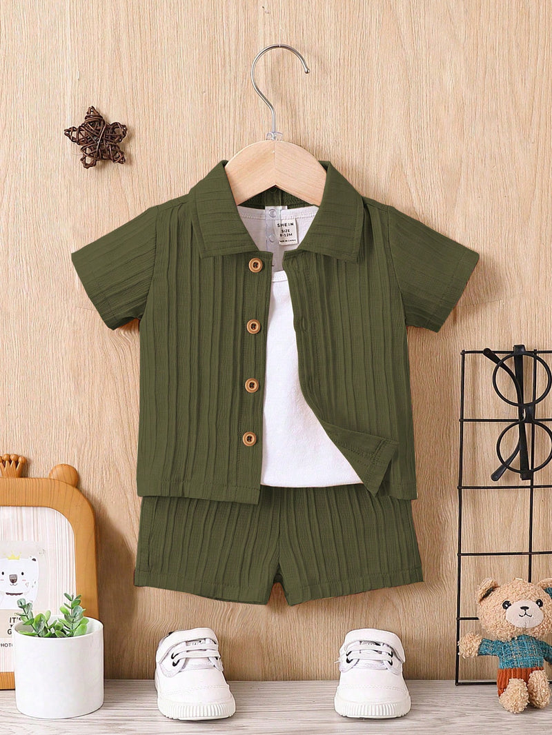 Bebê Menino Sólido Botão Frontal Camiseta & Shorts Sem Camiseta