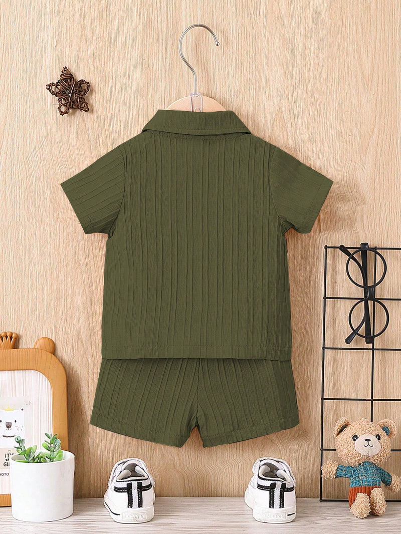 Bebê Menino Sólido Botão Frontal Camiseta & Shorts Sem Camiseta