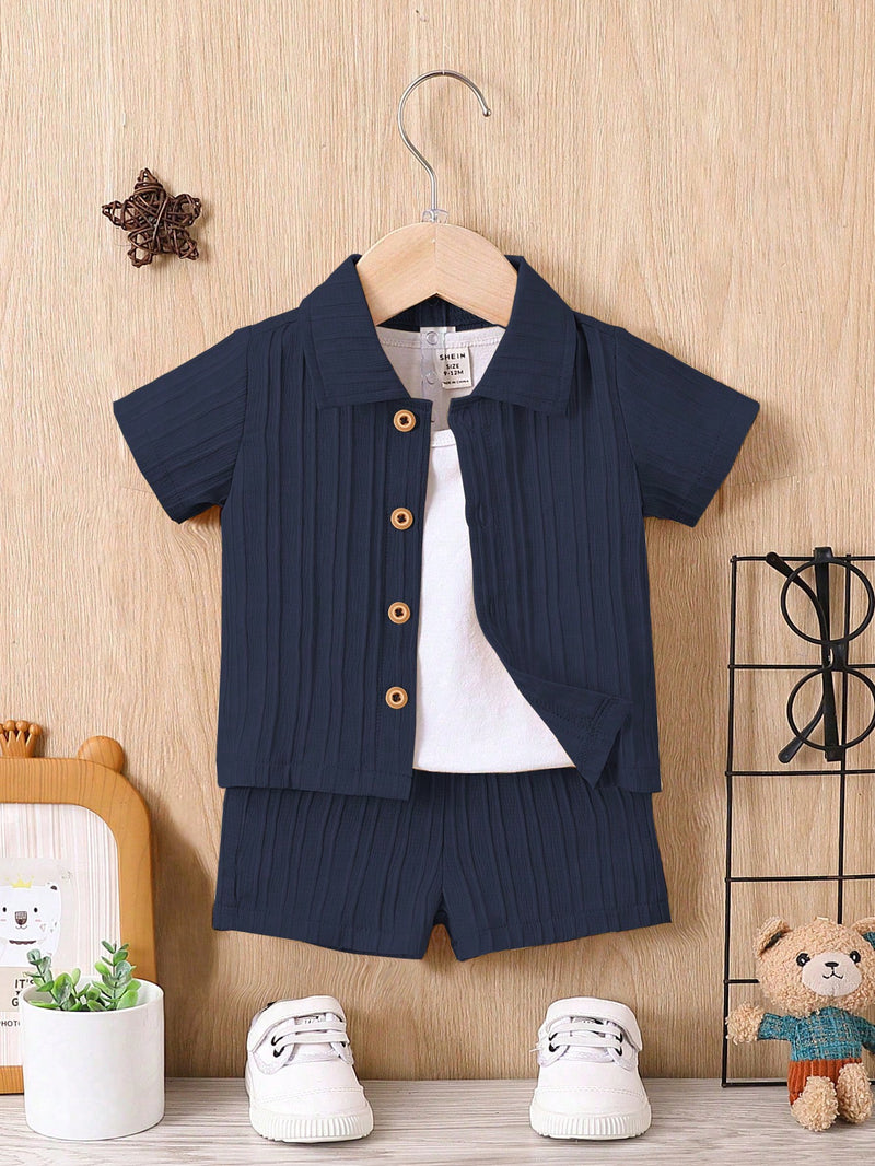 Bebê Menino Sólido Botão Frontal Camiseta & Shorts Sem Camiseta
