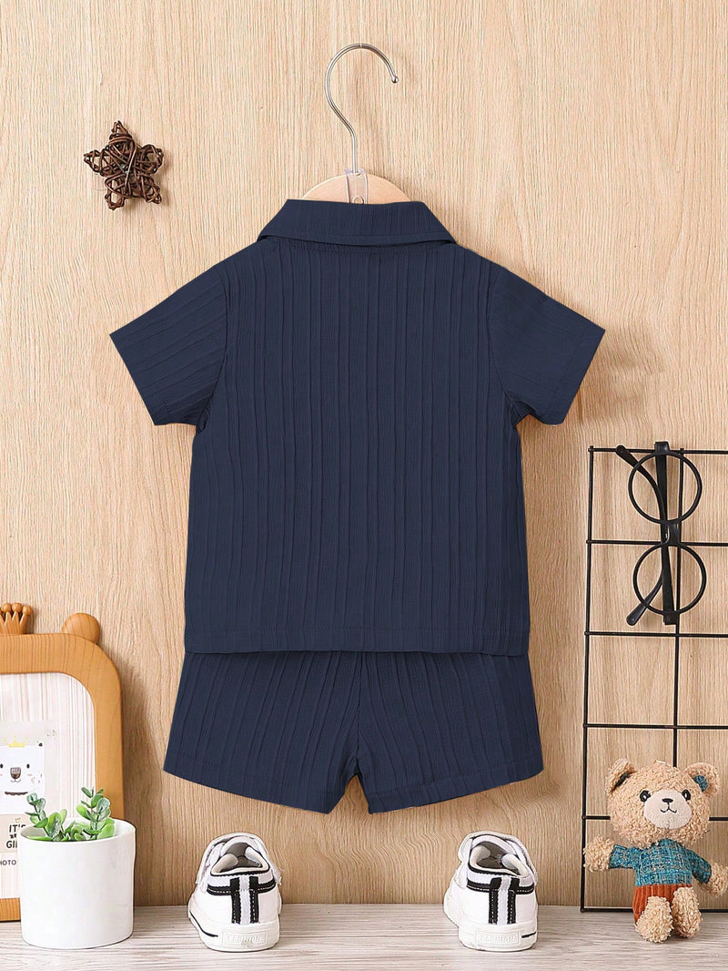 Bebê Menino Sólido Botão Frontal Camiseta & Shorts Sem Camiseta