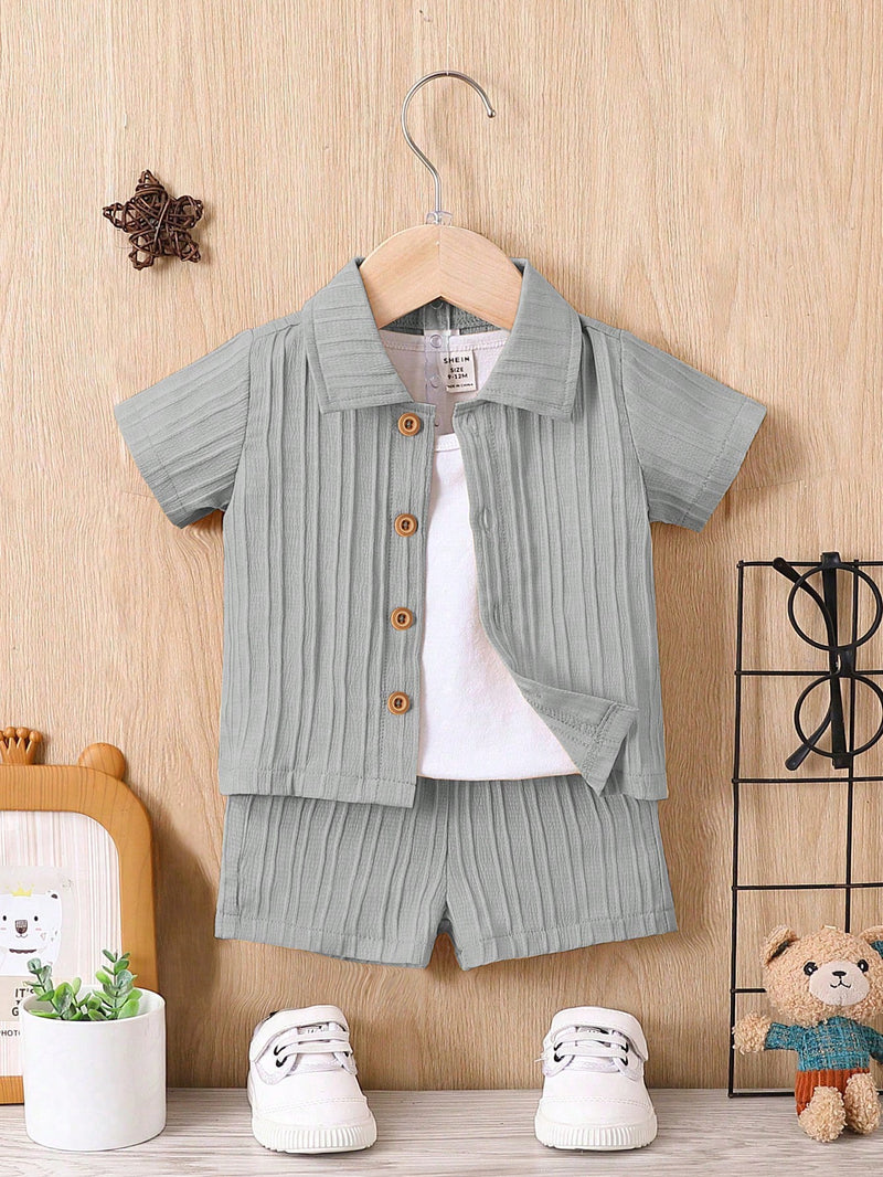 Bebê Menino Sólido Botão Frontal Camiseta & Shorts Sem Camiseta