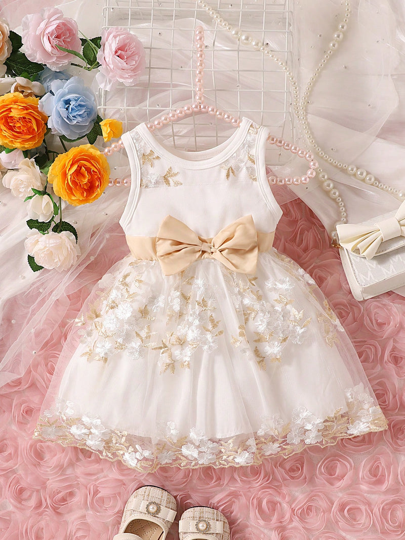 Souflis Souflis Garotas Bordado Floral Sobreposição De Malha Frente De Arco Vestido