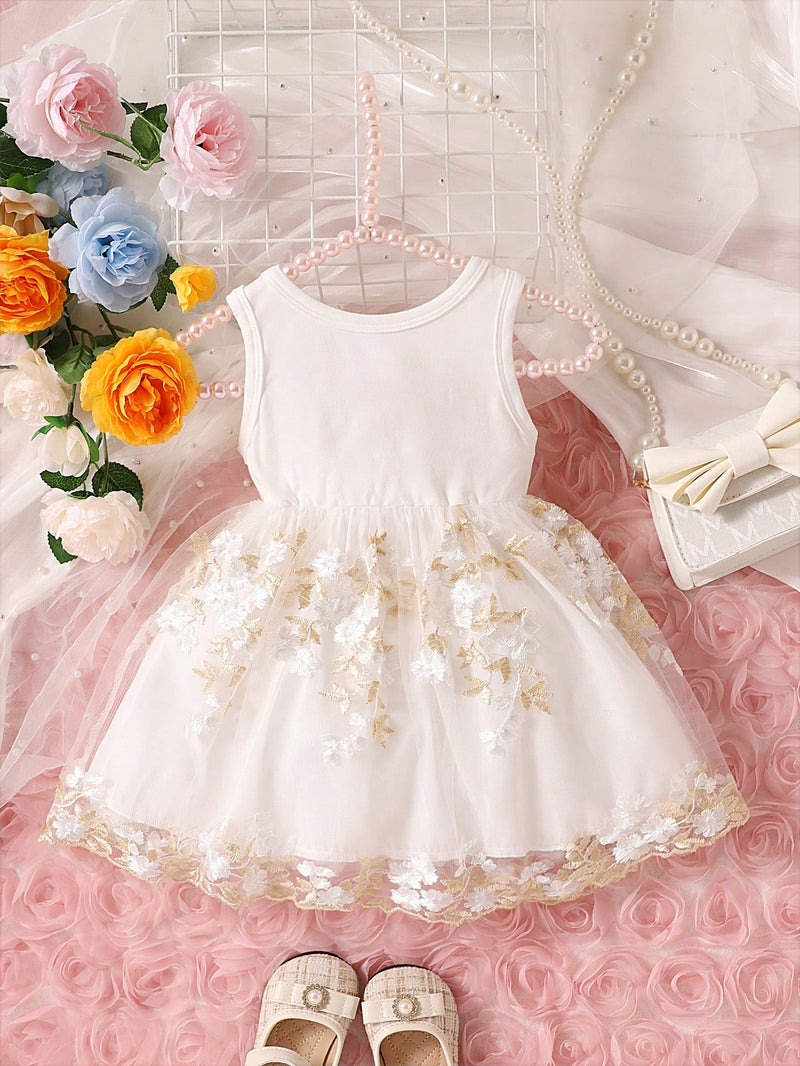 Souflis Souflis Garotas Bordado Floral Sobreposição De Malha Frente De Arco Vestido
