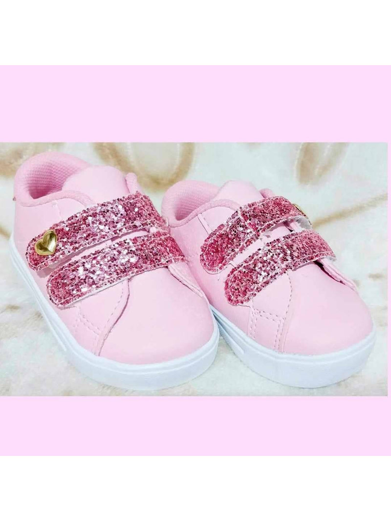 Tênis de bebê branco ou rosa com gliter e coração menina infantil