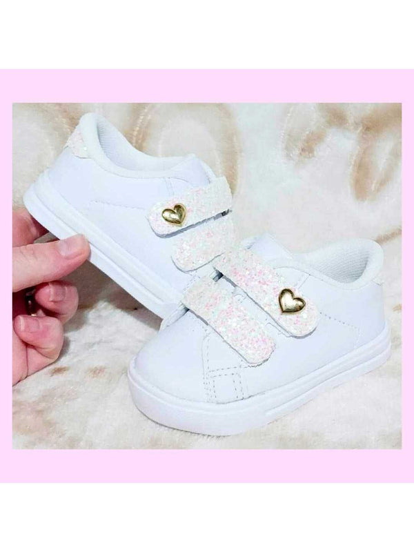 Tênis de bebê branco ou rosa com gliter e coração menina infantil