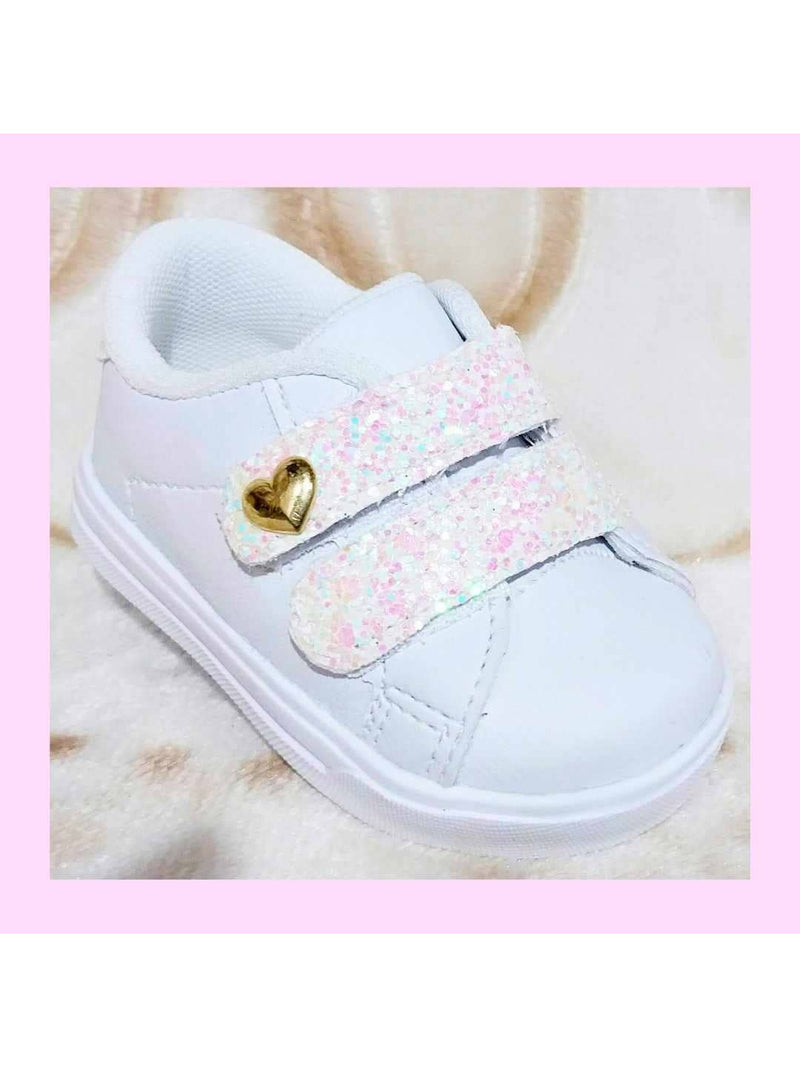 Tênis de bebê branco ou rosa com gliter e coração menina infantil