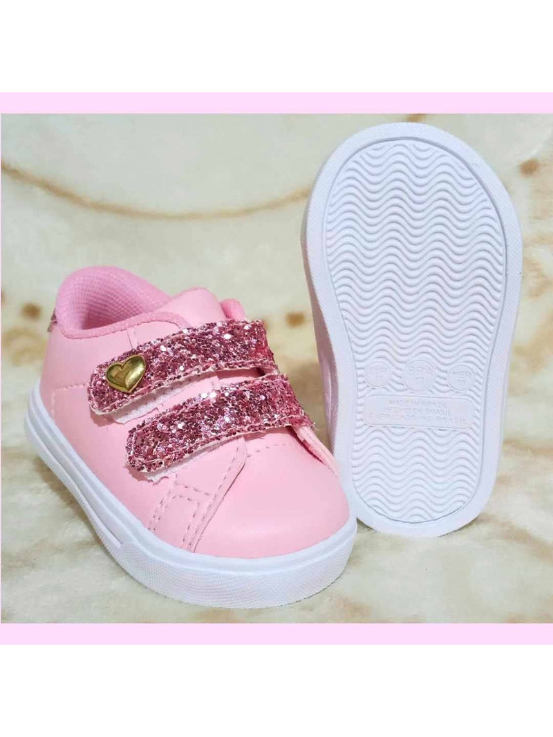 Tênis de bebê branco ou rosa com gliter e coração menina infantil