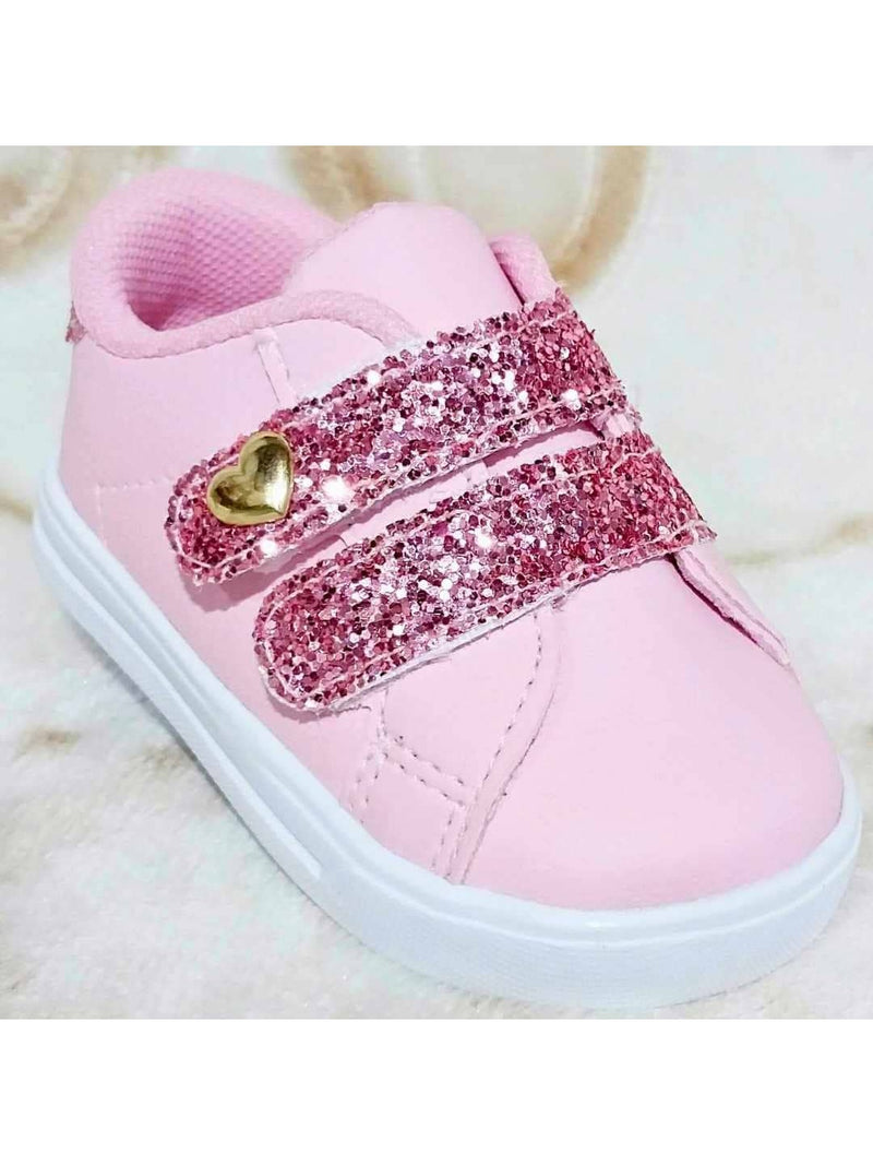 Tênis de bebê branco ou rosa com gliter e coração menina infantil