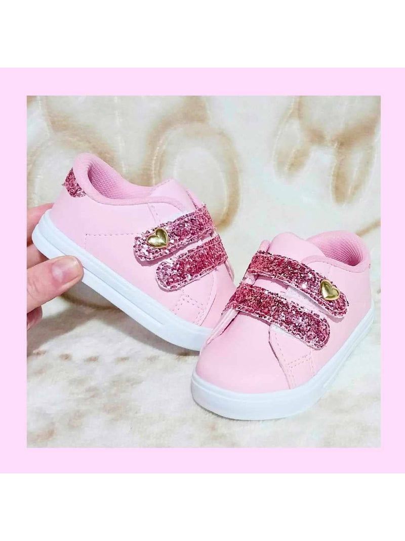Tênis de bebê branco ou rosa com gliter e coração menina infantil