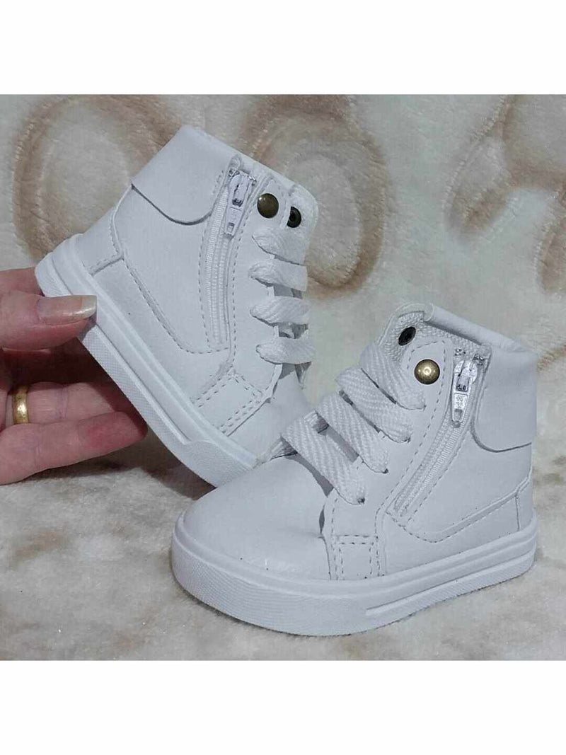 tênis cano alto para bebê estilo botinha branco ou preta com ziper unissex infantil