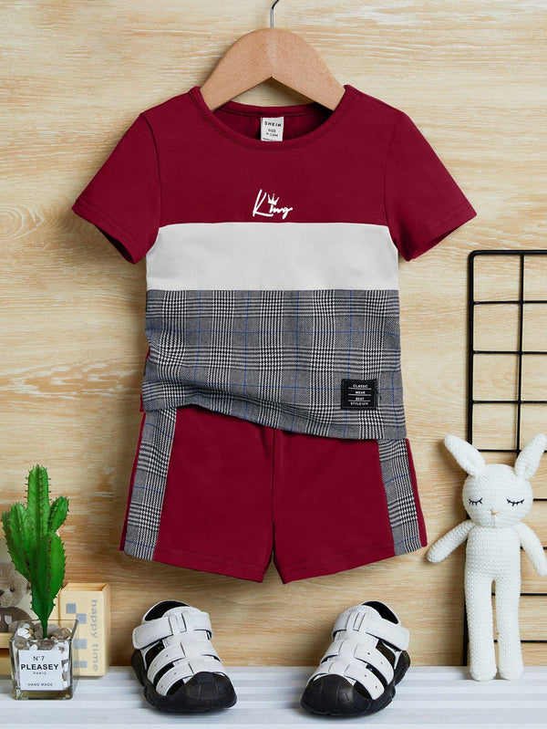 Conjunto de Camiseta e Shorts para Bebê Menino com Bloco de Cor de Xadrez e Gráfico de Letra, para o Natal