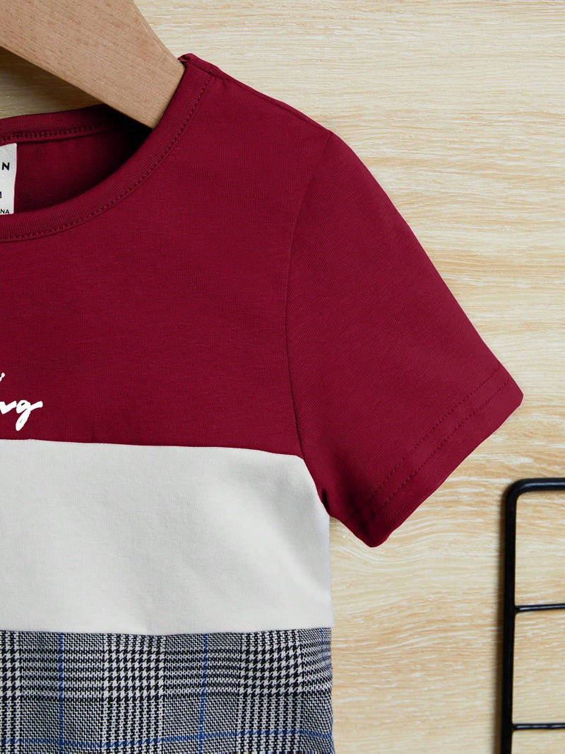Conjunto de Camiseta e Shorts para Bebê Menino com Bloco de Cor de Xadrez e Gráfico de Letra, para o Natal