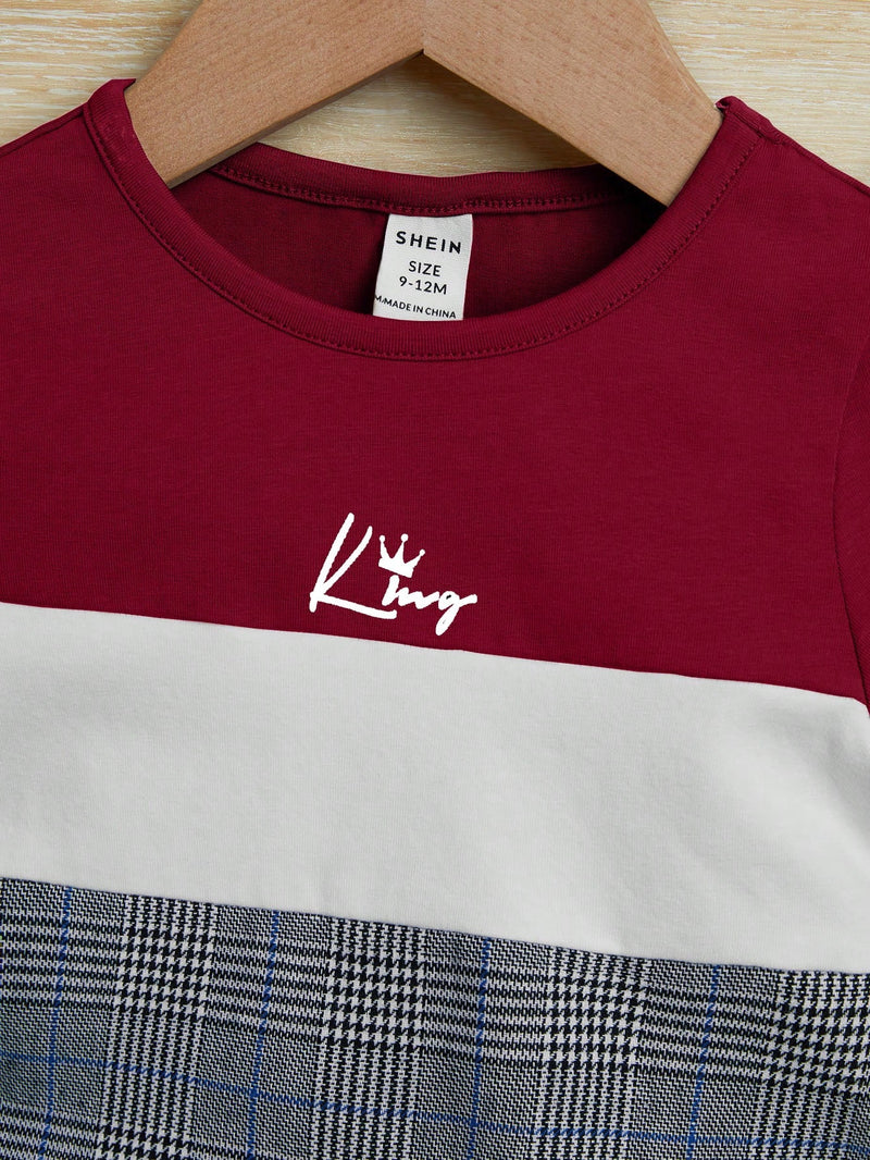Conjunto de Camiseta e Shorts para Bebê Menino com Bloco de Cor de Xadrez e Gráfico de Letra, para o Natal