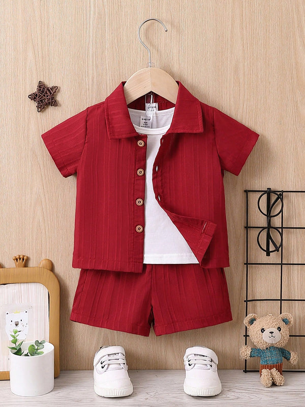 Bebê Menino Sólido Botão Frontal Camiseta & Shorts Sem Camiseta