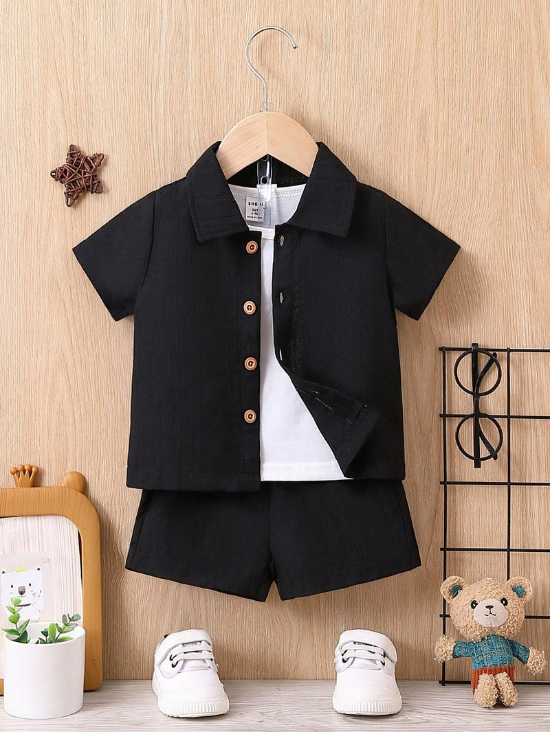 Bebê Menino Sólido Botão Frontal Camiseta & Shorts Sem Camiseta