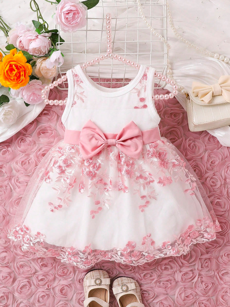 Souflis Souflis Garotas Bordado Floral Sobreposição De Malha Frente De Arco Vestido