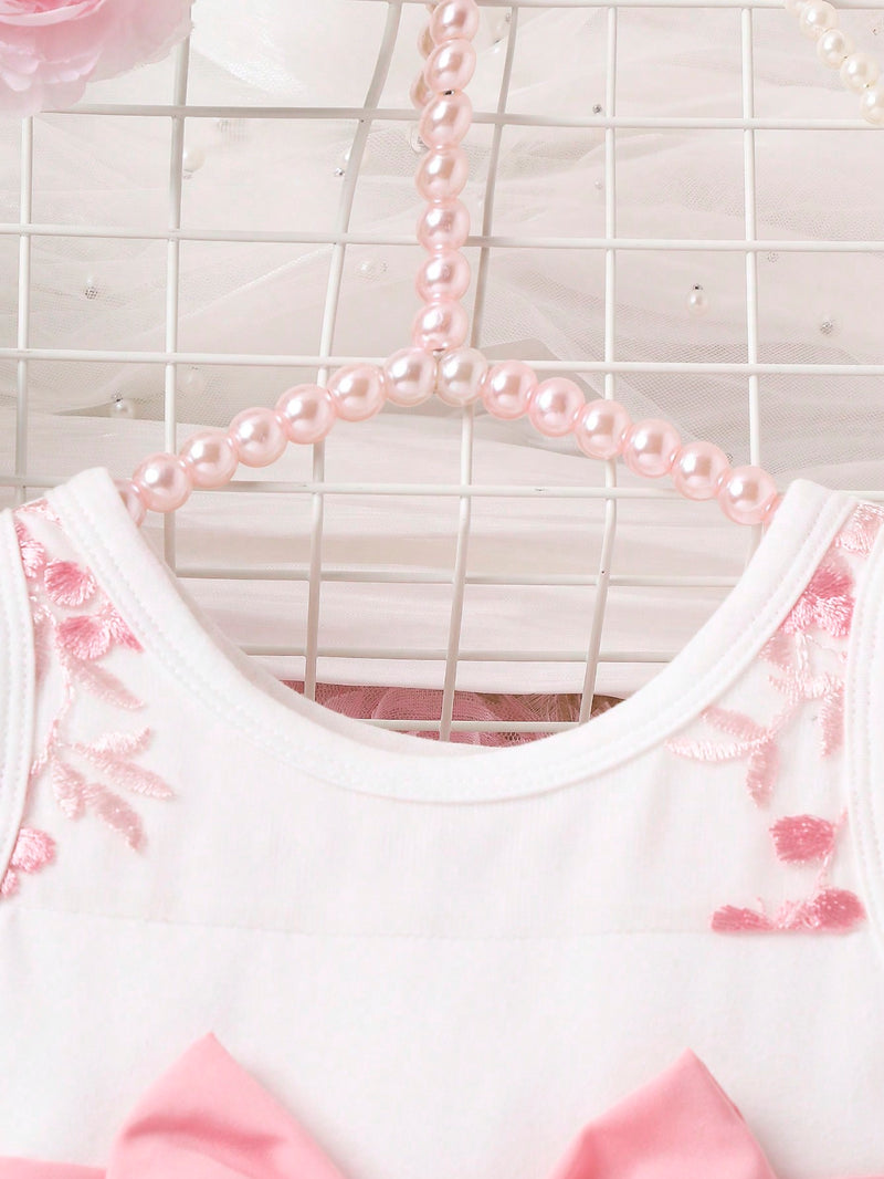 Souflis Souflis Garotas Bordado Floral Sobreposição De Malha Frente De Arco Vestido