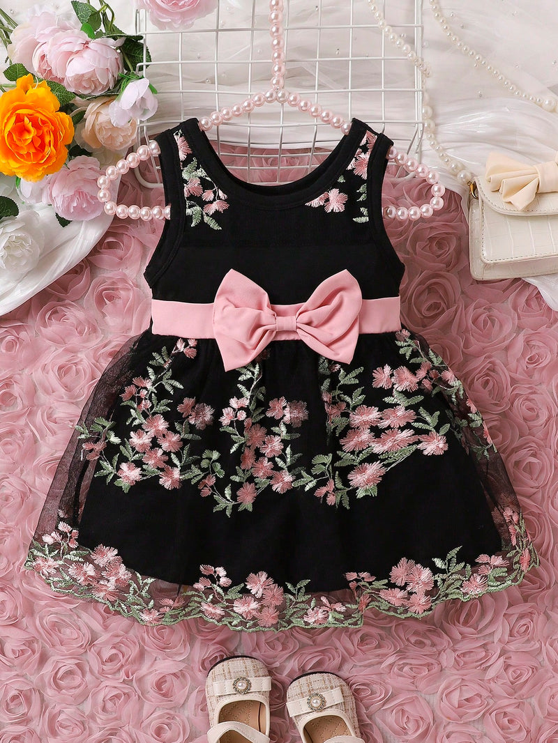 Souflis Souflis Garotas Bordado Floral Sobreposição De Malha Frente De Arco Vestido