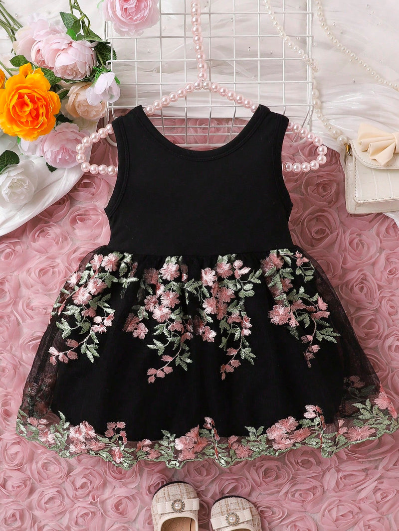 Souflis Souflis Garotas Bordado Floral Sobreposição De Malha Frente De Arco Vestido