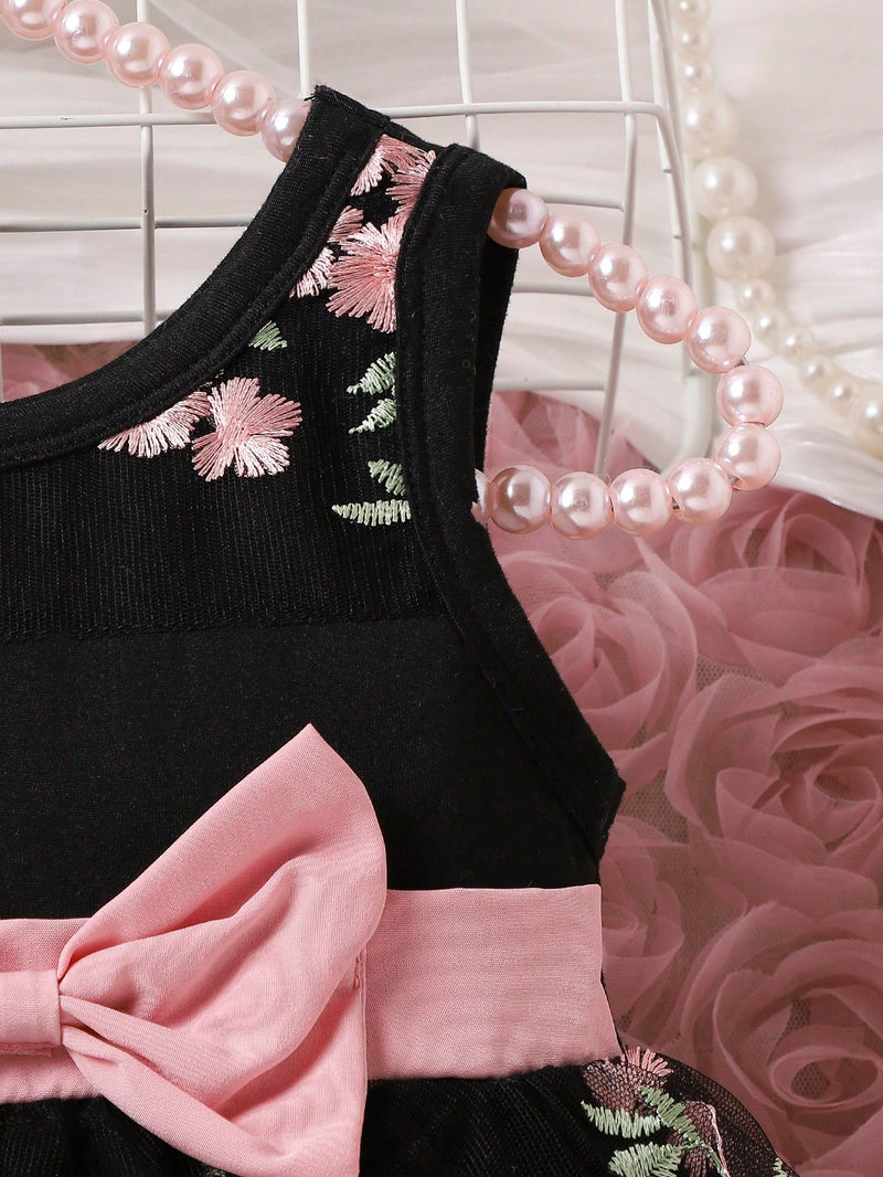 Souflis Souflis Garotas Bordado Floral Sobreposição De Malha Frente De Arco Vestido