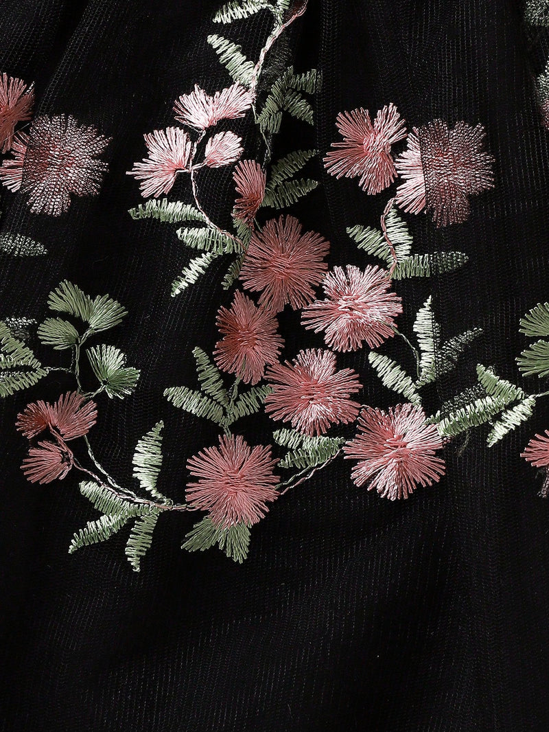 Souflis Souflis Garotas Bordado Floral Sobreposição De Malha Frente De Arco Vestido