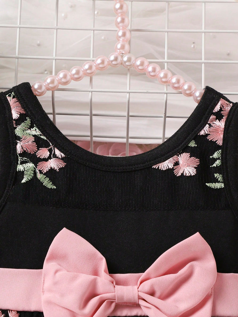 Souflis Souflis Garotas Bordado Floral Sobreposição De Malha Frente De Arco Vestido