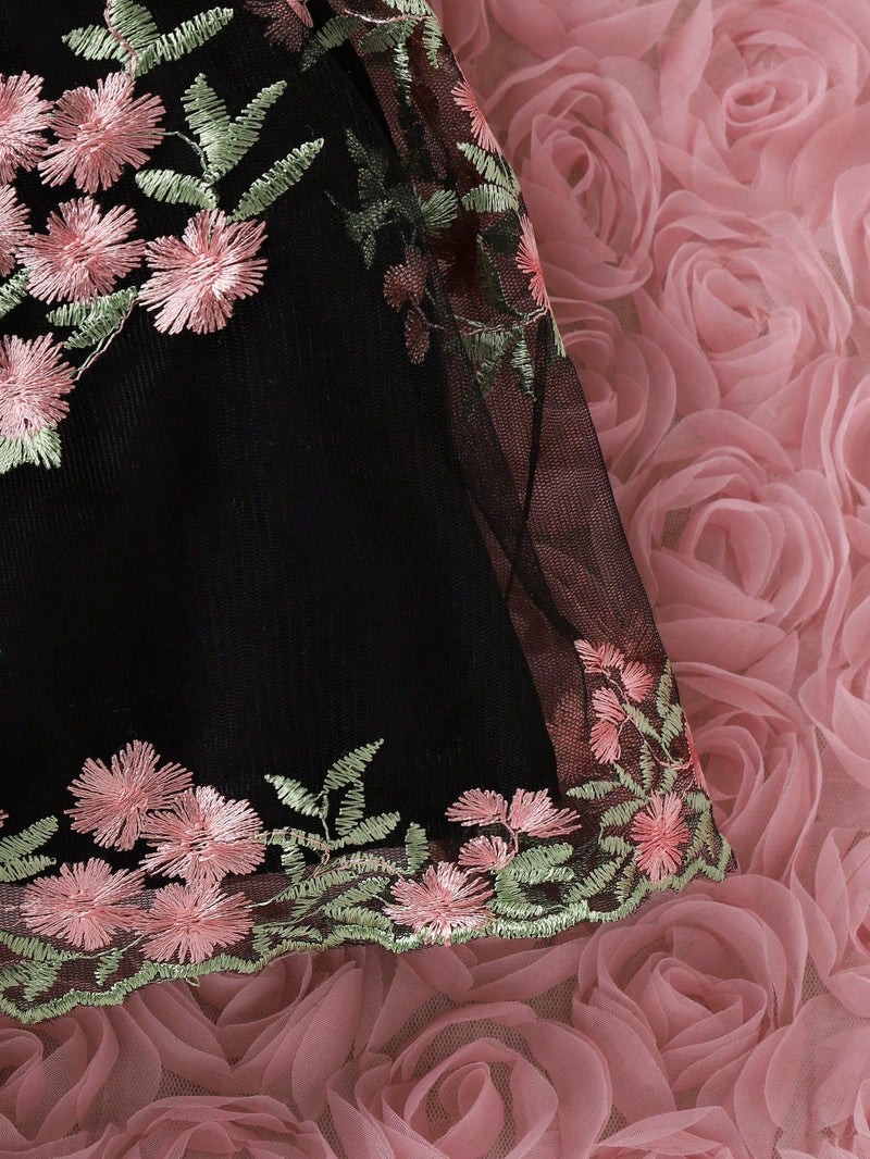 Souflis Souflis Garotas Bordado Floral Sobreposição De Malha Frente De Arco Vestido