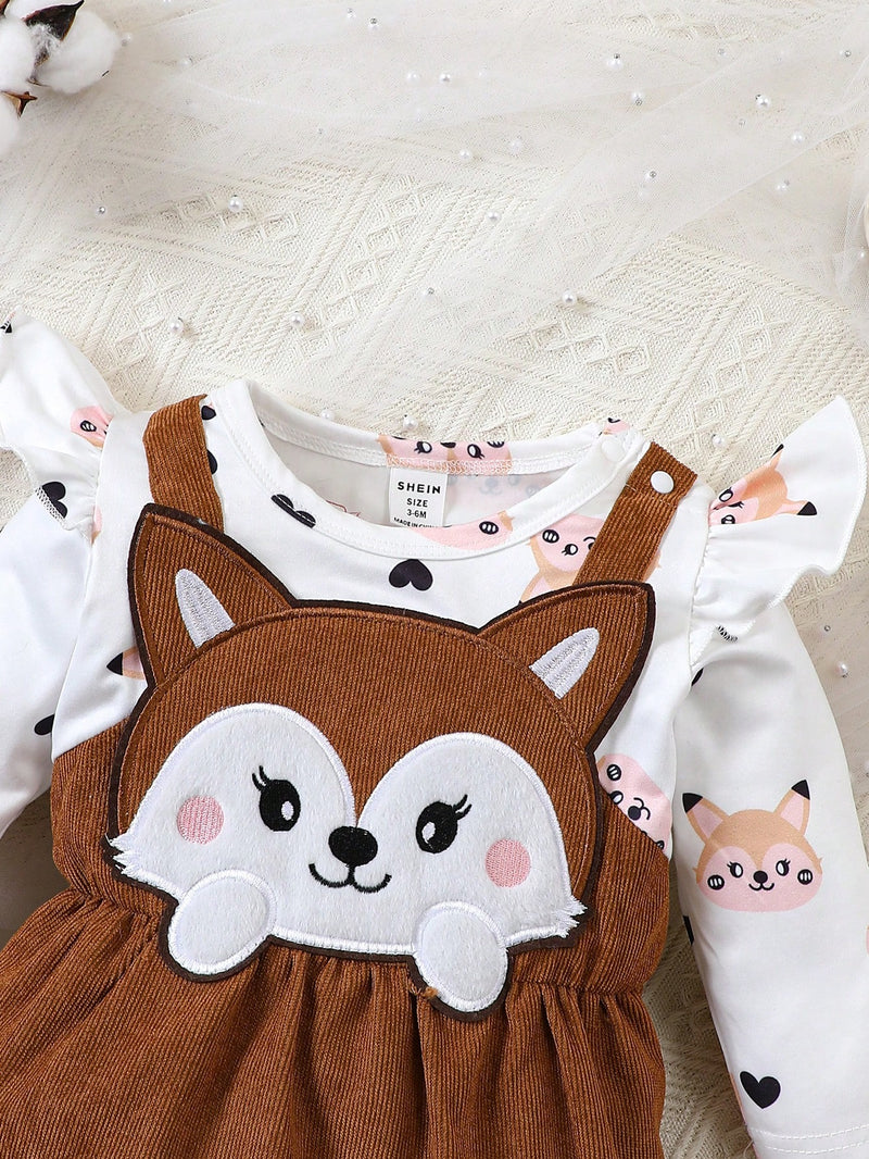 Macacão de Manga Longa com Bainha Franzida, Estampa de Animal Fofa de Desenho Animado, Retalhos para Bebê Menina, Outono