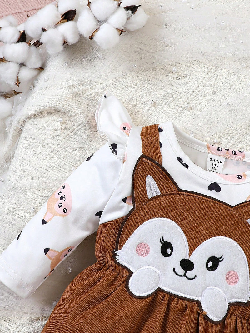Macacão de Manga Longa com Bainha Franzida, Estampa de Animal Fofa de Desenho Animado, Retalhos para Bebê Menina, Outono