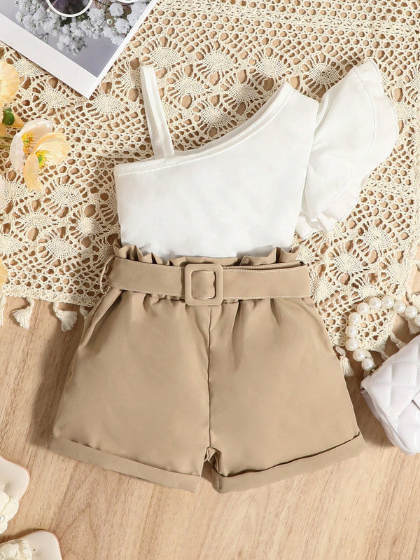 Conjunto de Top de um ombro só e shorts com cintura Paperbag para bebê menina