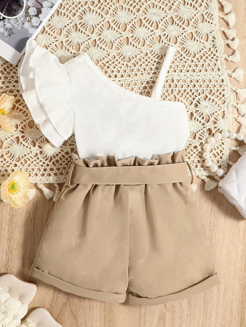 Conjunto de Top de um ombro só e shorts com cintura Paperbag para bebê menina