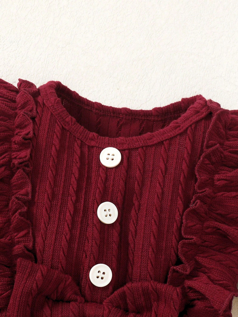 Conjunto de 3 peças Soltinho Casual para Bebê Menina com Decoração de Laço, Detalhes de Babado, Calça Longa e Faixa de Cabelo para Primavera/Outono